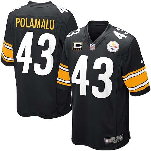 Youth Elite Troy Polamalu C Patch Nike Jersey Black Home - #43 NFL Pittsburgh Steelers